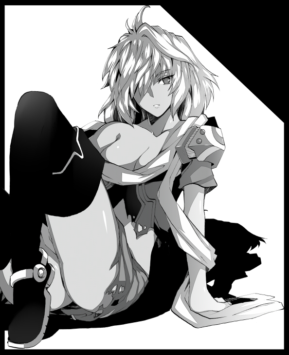 bad_id bad_pixiv_id boots breasts cleavage dark_skin emerada_(xenogears) greyscale hair_over_one_eye large_breasts monochrome off_shoulder older pauldrons scarf short_hair skirt solo thigh_boots thighhighs torn_clothes xenogears yosimura