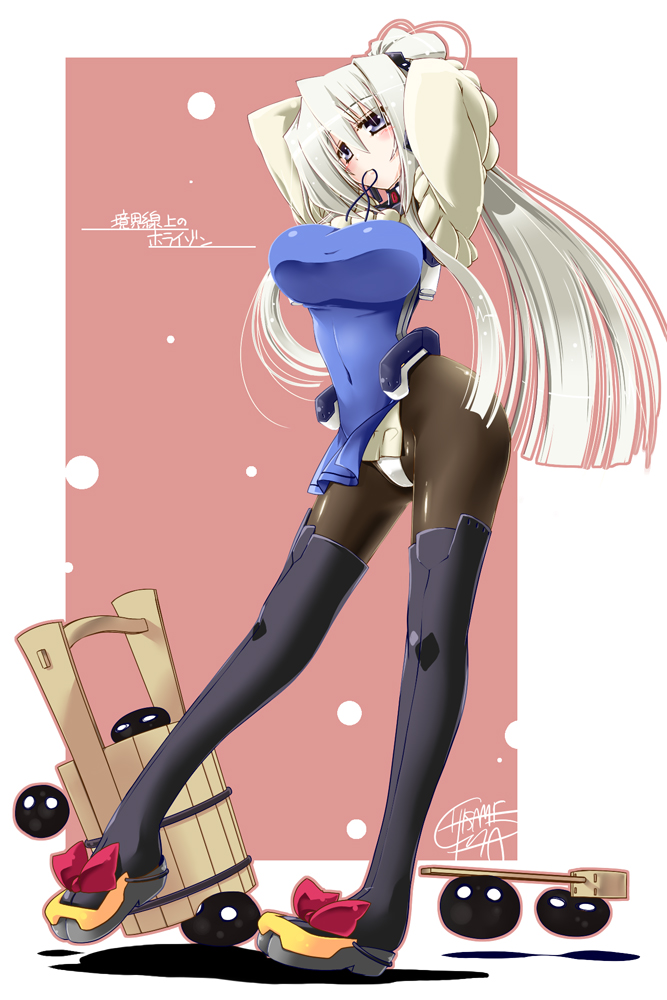 adjusting_hair apron black_legwear blush bodysuit boots bow breasts brown_algae_(horizon) bucket covered_navel hisame_genta horizon_ariadust kyoukaisenjou_no_horizon large_breasts legs long_hair long_legs md5_mismatch mouth_hold pantyhose purple_eyes ribbon signature silver_hair sweater thigh_boots thighhighs thighs wooden_bucket