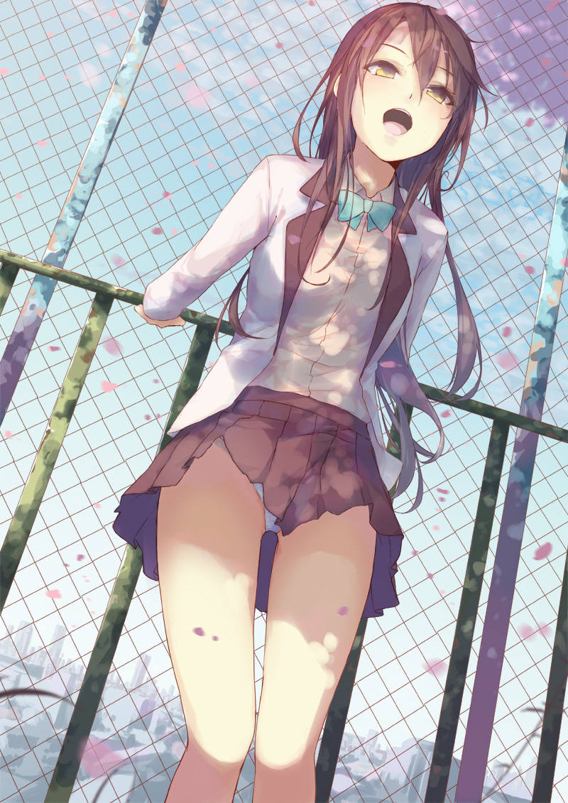 bow bowtie brown_hair chain-link_fence cityscape dutch_angle fence la-na legs open_mouth original panties pantyshot petals pleated_skirt railing school_uniform skirt solo underwear white_panties yellow_eyes