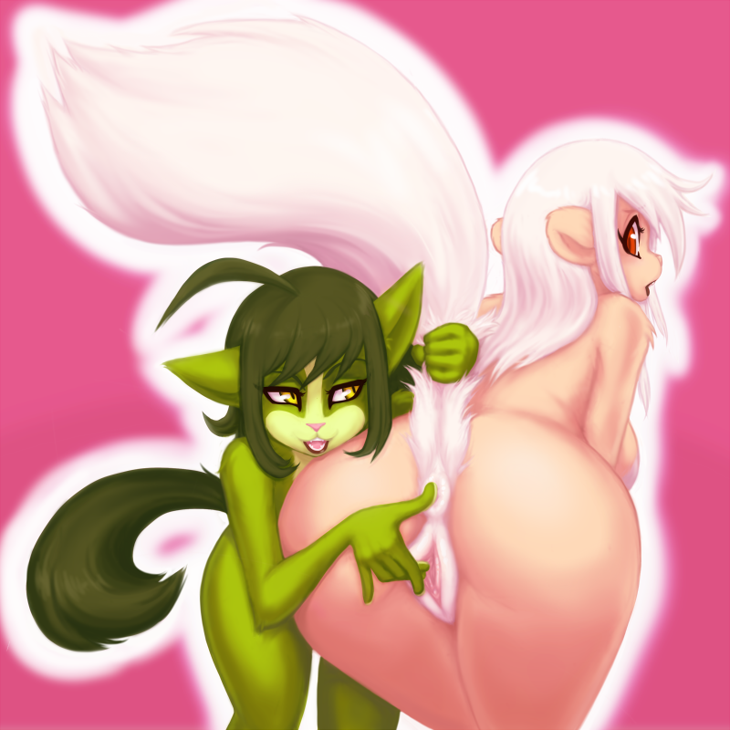 anus bent_over big_butt butt cat feline female green_body green_hair hair lesbian mammal nude open_mouth petit plain_background presenting pussy spread_pussy spreading standing tail_grab vaginal wide_hips yellow_eyes