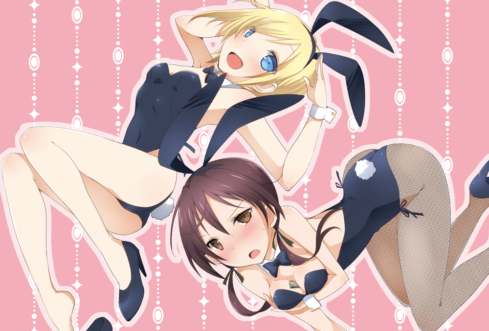animal_ears bare_legs between_breasts blonde_hair blue_eyes blush bow bowtie breasts brown_eyes brown_hair bunny_ears bunny_girl bunny_tail bunnysuit detached_collar erica_hartmann fishnet_pantyhose fishnets gertrud_barkhorn high_heels leotard medium_breasts multiple_girls open_mouth oriko_(nicolai) pantyhose shoe_dangle shoes small_breasts strike_witches sweatdrop tail world_witches_series wrist_cuffs