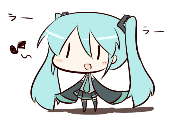 :d blush_stickers chibi detached_sleeves fuugetsu_oreha_ikiru hatsune_miku long_hair musical_note necktie open_mouth skirt smile solo thighhighs twintails vocaloid
