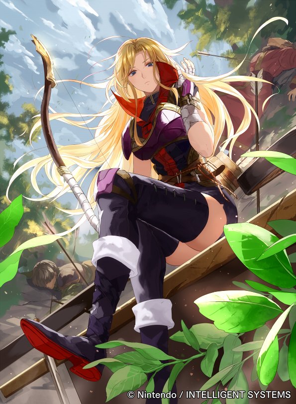 1girl 2boys armor arrow bandage bangs belt blonde_hair boots bow_(weapon) breastplate closed_mouth cloud cloudy_sky company_connection copyright_name day faceless faceless_male fire_emblem fire_emblem:_monshou_no_nazo fire_emblem_cipher hand_up knee_boots knee_pads kuraine leaf long_hair looking_at_viewer mayo_(becky2006) miniskirt multiple_boys nintendo official_art outdoors quiver short_sleeves shoulder_armor shoulder_pads skirt sky thighhighs weapon zettai_ryouiki