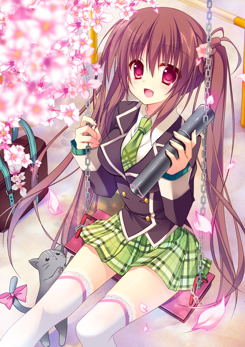 :&lt; :d bag blurry blush brown_hair cat cherry_blossoms depth_of_field from_above lace lace-trimmed_thighhighs looking_at_viewer looking_up matsumiya_kiseri md5_mismatch necktie open_mouth original outdoors pink_eyes plaid plaid_skirt ribbon school_uniform skirt smile swing tail tail_ribbon tareme thighhighs twintails white_legwear zettai_ryouiki
