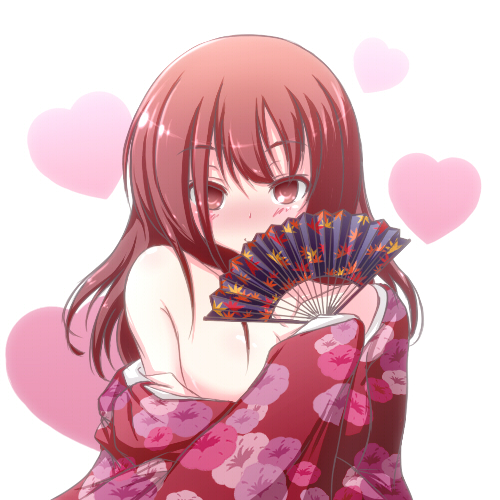 banderasu blush brown_hair fan heart japanese_clothes kimono lowres mihirogi_uta no_bra off_shoulder saki saki_achiga-hen solo