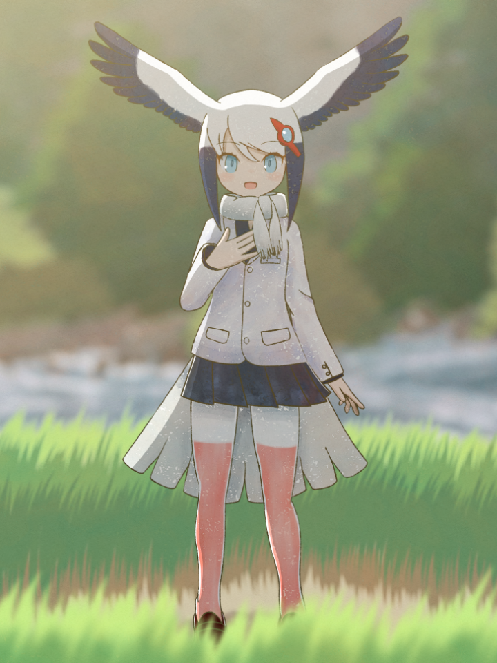 1girl :d artist_request bird_tail black_hair black_skirt blue_eyes blurry blurry_background commentary day eyebrows_visible_through_hair full_body grass hair_ornament hairclip hand_on_own_chest head_wings jacket kemono_friends long_sleeves looking_at_viewer multicolored_hair nature open_mouth oriental_stork_(kemono_friends) outdoors pantyhose pleated_skirt red_legwear scarf shoes skirt smile solo standing two-tone_hair two-tone_legwear white_hair white_jacket white_legwear white_scarf