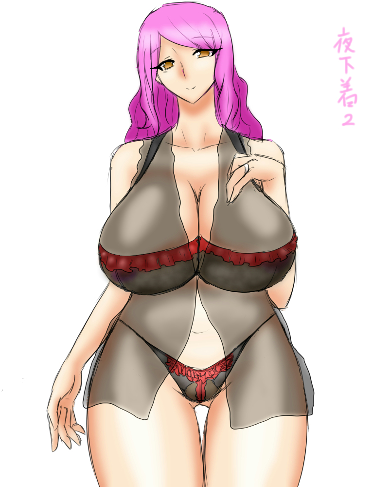 1girl areolae bra breasts female huge_breasts jewelry lingerie milf original panties purple_hair red_eyes ring see-through simple_background solo standing thigh_gap thighs underwear wedding_ring white_background wide_hips wiz-coolhait