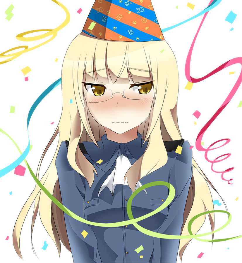 black_okojo blonde_hair blush confetti glasses hat long_hair military military_uniform party_hat perrine_h_clostermann solo strike_witches uniform wavy_mouth world_witches_series yellow_eyes