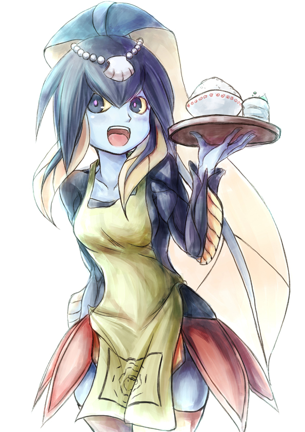 apron blue_skin breasts fins fish_girl hair_ornament medium_breasts minette_(skullgirls) monster_girl purple_eyes shouma_(bravespiritya) skullgirls smile solo thighhighs tray yellow_sclera