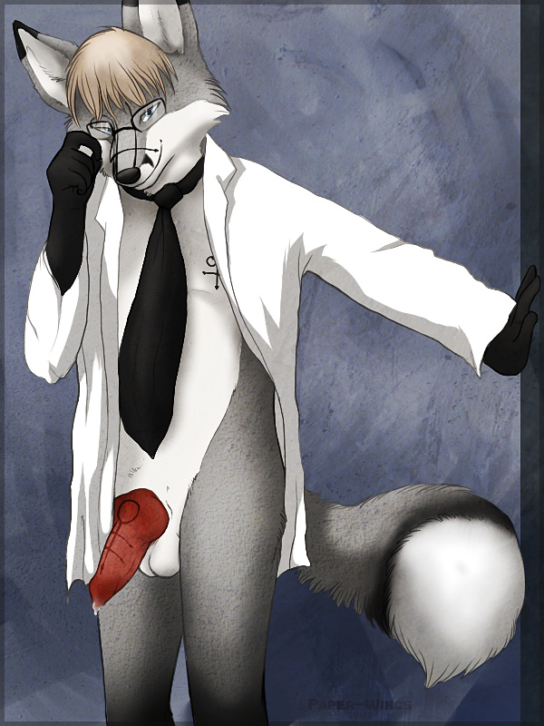 anthro balls bottomless canine canine_penis clothed clothing erection eyewear fox glasses half-dressed knot lab_coat male mammal necktie open_shirt paper-wings paper_wings partially_clothed penis shirt solo tattoo undressed undressing