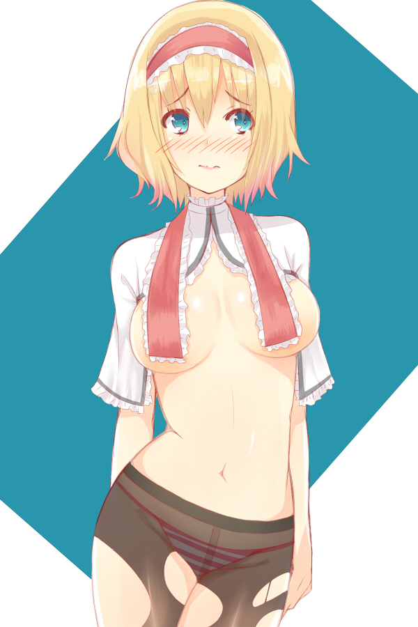 alice_margatroid black_legwear blonde_hair blue_eyes blush breasts capelet embarrassed hairband large_breasts navel panties panties_under_pantyhose pantyhose q_(a72pgc) short_hair solo striped striped_panties topless torn_clothes torn_legwear touhou underwear underwear_only