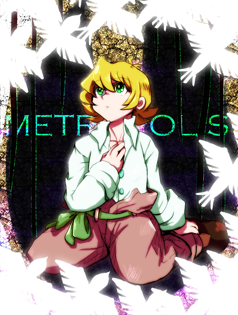 android barefoot belt bird blonde_hair copyright_name dove green_eyes itsukazu metropolis pants short_hair sitting solo tima_(metropolis) wariza