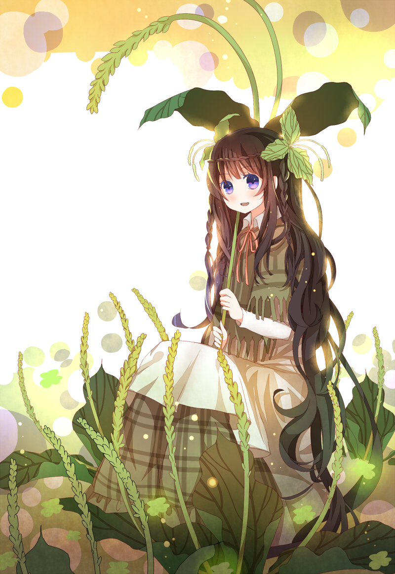 bad_id bad_pixiv_id braid brown_hair dress leaf long_hair open_mouth original purple_eyes sitting smile solo xiao_guiling