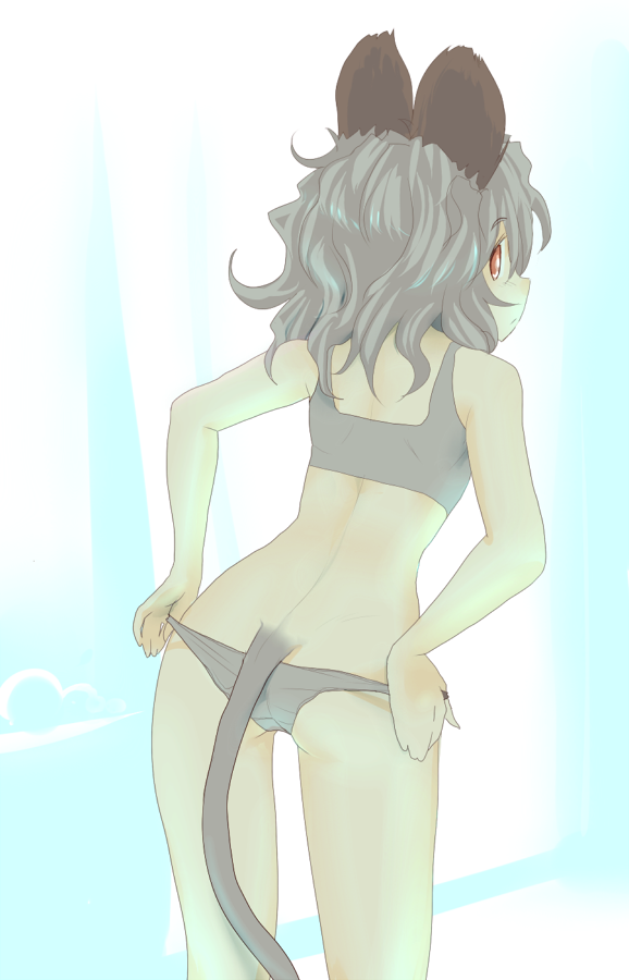 animal_ears ass from_behind grey_hair ishikkoro looking_back mouse_ears mouse_tail nazrin panties red_eyes short_hair solo sports_bra tail touhou underwear underwear_only