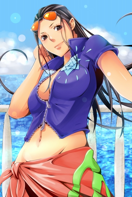 au_(222au) black_eyes black_hair blue_shirt blue_sky breasts center_opening cleavage cloud clouds cloudy_sky cowboy_shot crop_top glasses glasses_on_head groin hair_slicked_back hand_up long_hair looking_at_viewer lowleg midriff navel nico_robin no_bra ocean one_piece open_clothes outdoors pink_skirt railing sabaody_archipelago sarong shirt short_sleeves skirt sky smile solo sunglasses sunglasses_on_head unzipped water zipper