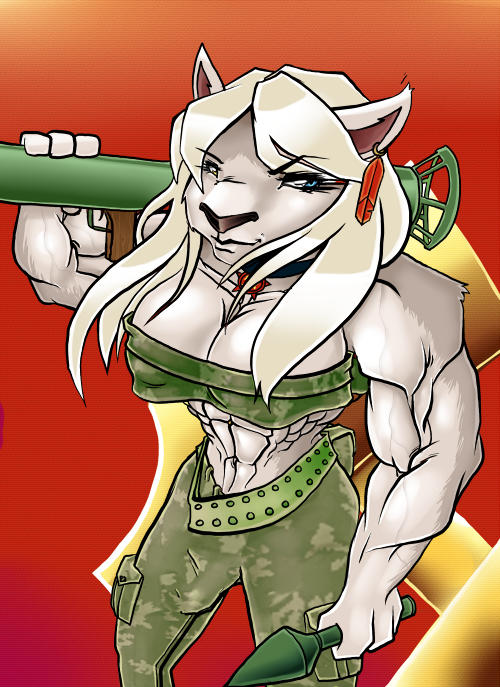 abs akita_stormfield akita_stromfield anthro army belt biceps breasts camo canine clothing dickgirl dog farkhan herm heterochromia husky intersex mammal military muscles navel necklace pants pose ranged_weapon rocket rocket_launcher russian solo soviet weapon