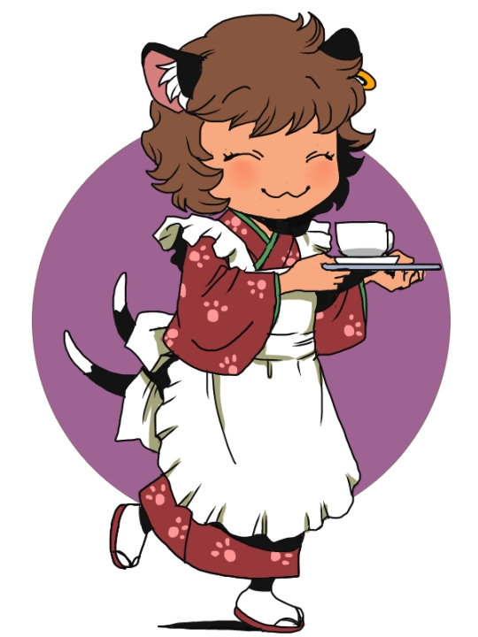 :3 alternate_costume animal_ears apron blush brown_hair cat_ears cat_tail chen closed_eyes cup full_body japanese_clothes kimono multiple_tails no_hat no_headwear onikobe_rin short_hair solo tail teacup touhou tray wa_maid
