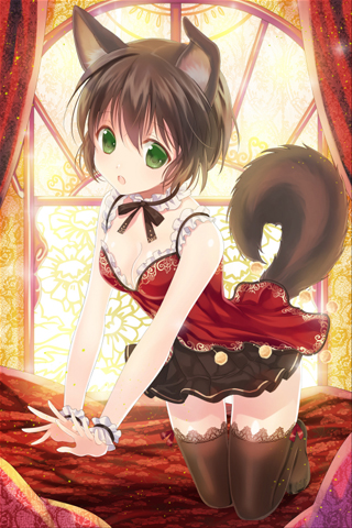 animal_ears banned_artist brown_hair frills green_eyes lowres open_mouth outstretched_arms pleated_skirt reum ribbon short_hair skirt sword_girls tail thighhighs