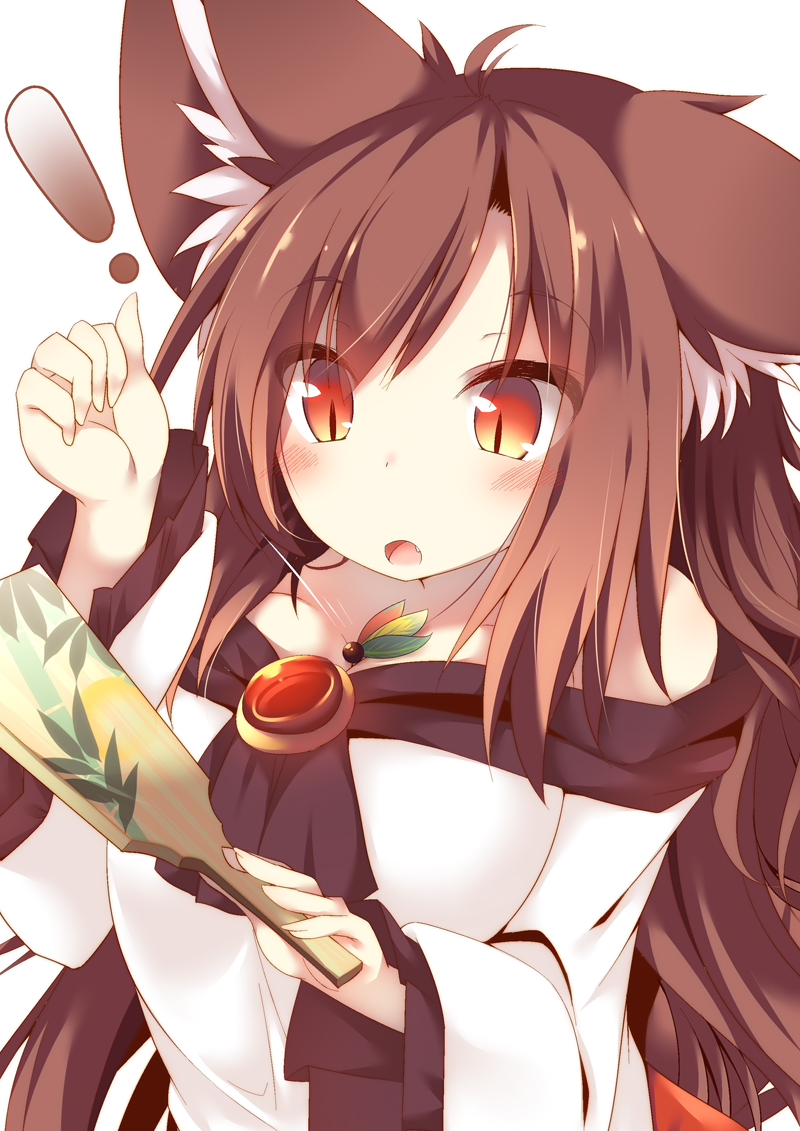! 1girl :o animal_ear_fluff animal_ears arm_up bangs blush breasts brown_hair cleavage collarbone commentary_request daidai_ookami dress eyebrows_visible_through_hair fang fingernails hanetsuki holding imaizumi_kagerou long_hair long_sleeves medium_breasts off-shoulder_shirt off_shoulder open_mouth red_eyes red_skirt shirt simple_background skirt slit_pupils solo touhou upper_body very_long_hair white_background white_dress wide_sleeves wolf_ears