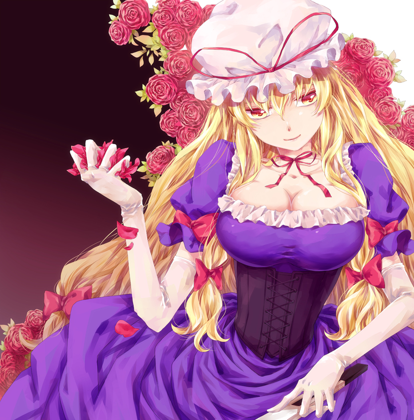 blonde_hair breasts cleavage closed_fan corset dress elbow_gloves fan flower folding_fan gloves hat hat_ribbon large_breasts lips long_hair petals red_flower red_rose ribbon rose smile solo soso touhou very_long_hair white_gloves yakumo_yukari yellow_eyes