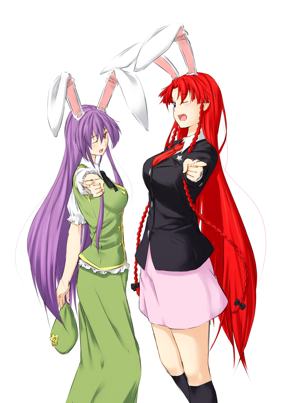 ;d animal_ears blazer braid breasts bunny_ears cosplay costume_switch expressive_clothes hat hat_removed headwear_removed highres hong_meiling hong_meiling_(cosplay) jacket large_breasts long_hair multiple_girls necktie niwatazumi one_eye_closed open_mouth pointing purple_hair red_hair red_neckwear reisen_udongein_inaba reisen_udongein_inaba_(cosplay) simple_background skirt smile star touhou twin_braids very_long_hair white_background