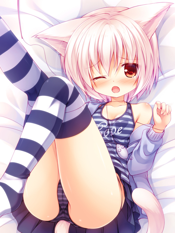 ;o animal_ears ass cameltoe camisole cardigan cat_ears cat_tail from_above leg_lift lying no_shoes off_shoulder on_back one_eye_closed open_mouth original panties pantyshot red_eyes short_hair silver_hair solo striped striped_legwear striped_panties tail tears thighhighs underwear upskirt yuku_(kiollion)