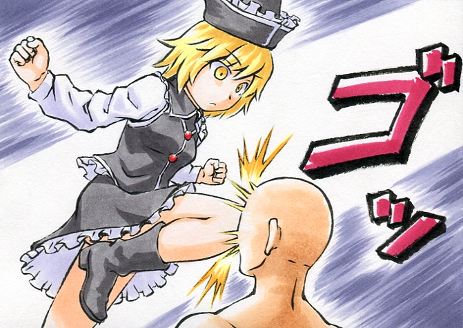 1girl bald blonde_hair boots faceless faceless_male hat in_the_face kawachi_koorogi kneeing lunasa_prismriver marker_(medium) outstretched_arm short_hair touhou traditional_media yellow_eyes
