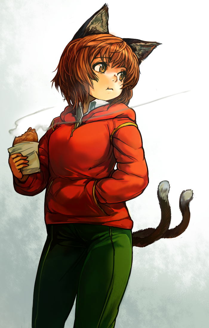 :t alternate_costume animal_ears breasts brown_eyes brown_hair cat_ears cat_tail chen contemporary eating food hand_in_pocket hood hoodie large_breasts multiple_tails nekomata no_hat no_headwear pants sachito short_hair solo steam sweatpants tail taiyaki touhou wagashi