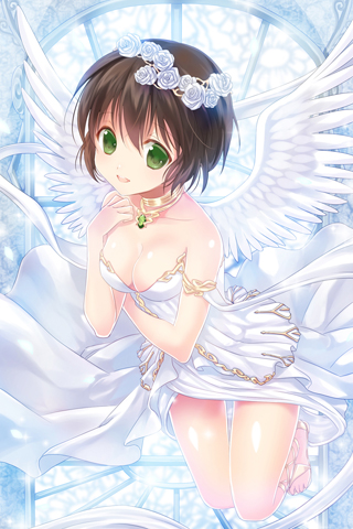 banned_artist breasts brown_hair dress flower green_eyes jewelry lowres medium_breasts necklace open_mouth reum short_hair sword_girls wings