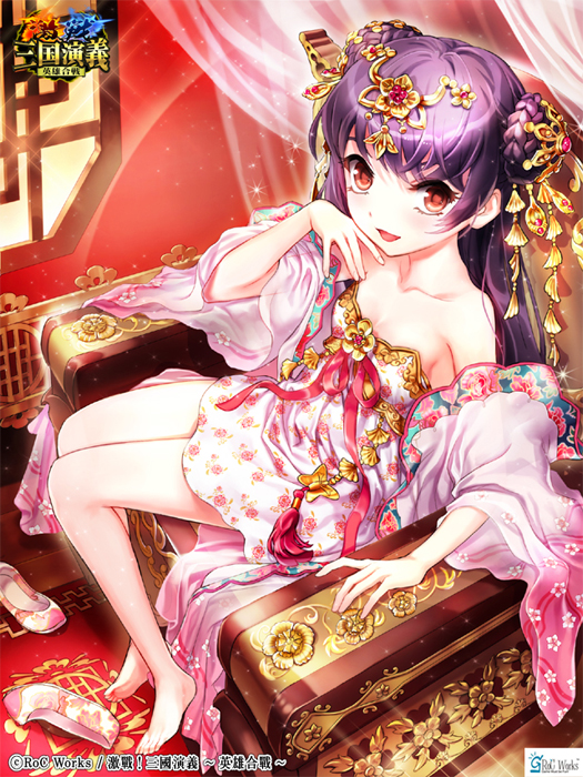 barefoot braid double_bun dress esphy floral_print hair_ornament hand_on_own_chin indoors jewelry kanzashi long_hair original print_dress purple_hair red_eyes ribbon shoes_removed sitting smile solo throne