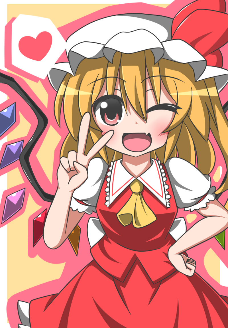 ascot blonde_hair fangs feiton flandre_scarlet hand_on_hip hat one_eye_closed open_mouth red_eyes short_hair side_ponytail skirt skirt_set smile solo touhou wings