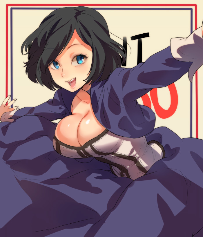 bioshock bioshock_infinite black_hair blue_eyes breasts cleavage collarbone corset cropped_jacket dress elizabeth_(bioshock_infinite) jacket large_breasts naso4 open_clothes open_jacket open_mouth outstretched_arms short_hair smile solo spread_arms