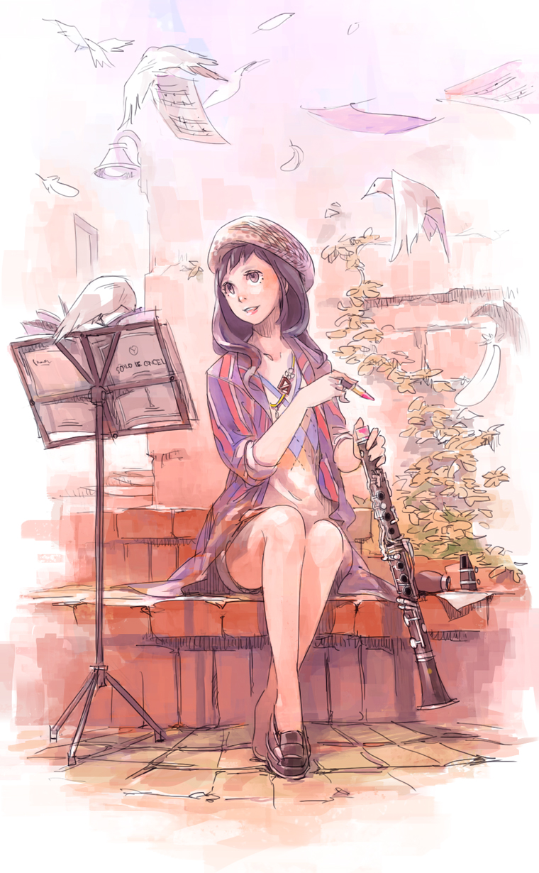 bird black_eyes black_hair clarinet feathers highres holding instrument lamppost lipstick long_hair makeup original pomodorosa revision sheet_music sitting sketch sleeves_rolled_up smile solo