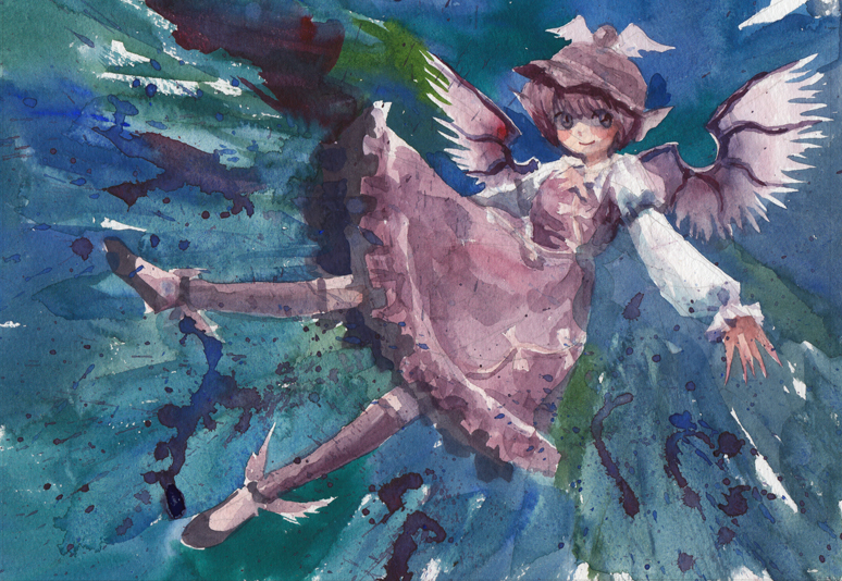 animal_ears dress dress_shirt fingernails hat long_fingernails long_sleeves misawa_hiroshi mystia_lorelei pink_hair pink_legwear red_eyes shirt shoes short_hair smile solo thighhighs touhou traditional_media watercolor_(medium) winged_shoes wings