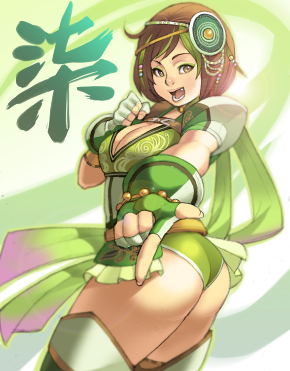 ass bad_id bad_pixiv_id bao_sanniang bracelet breasts brown_eyes brown_hair cleavage clenched_hand cowboy_shot eyeshadow fang fingerless_gloves gloves green green_hair hair_ornament jewelry large_breasts lips makeup maou_alba multicolored_hair music open_mouth pointing pointing_at_viewer ribbon shin_sangoku_musou shin_sangoku_musou_7 short_hair singing solo thighhighs thighs