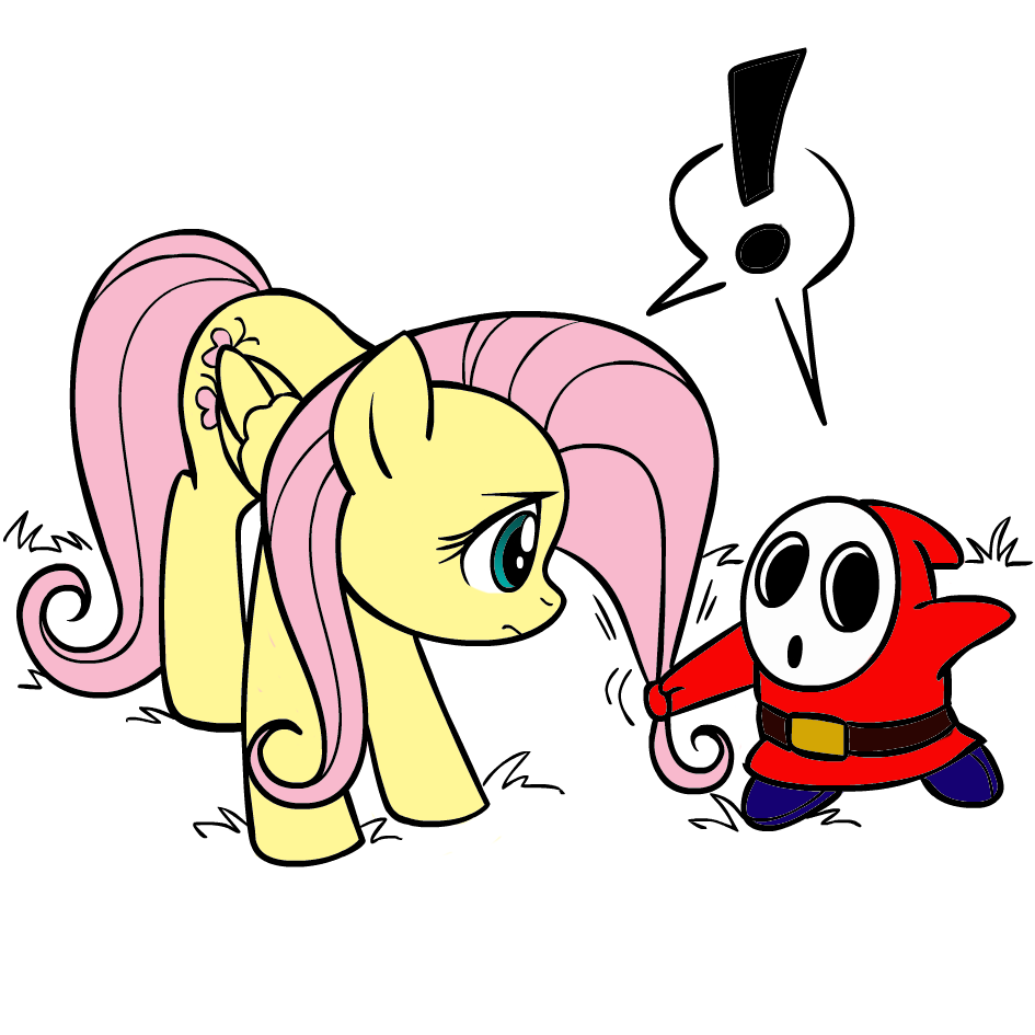 crossover equine female feral fluttershy_(mlp) friendship_is_magic hair_pull horse mammal mario_bros megasweet my_little_pony nintendo pegasus plain_background pony pulling_hair shyguy video_games white_background wings worried
