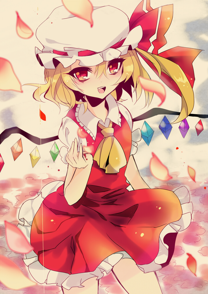 ascot bad_id bad_pixiv_id blonde_hair bow dokulow flandre_scarlet hat hat_bow open_mouth petals red_eyes side_ponytail skirt skirt_set smile solo touhou wings