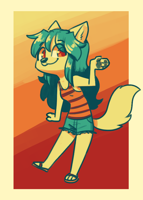 2018 :3 anthro canine clothed clothing denim_shorts female footwear fox fuel_(artist) gradient_background looking_at_viewer mammal pawpads red_eyes sandals shirt shorts simple_background solo standing tank_top yellow_border
