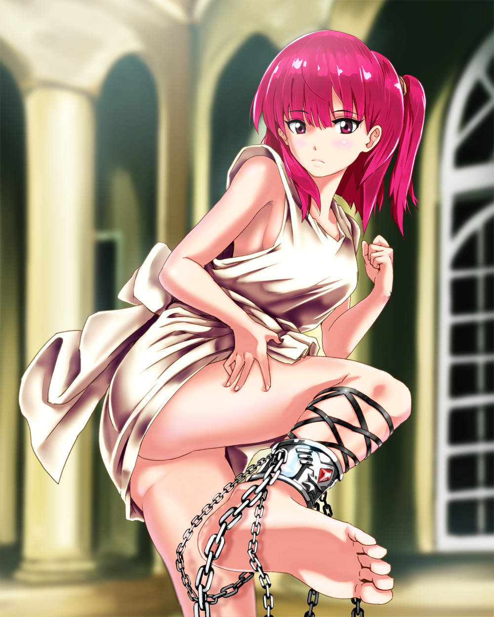 ankle_cuffs anklet barefoot blush breasts chain cuffs feet fingernails highres infinote jewelry leg_up magi_the_labyrinth_of_magic morgiana one_side_up pink_eyes pink_hair robe short_hair sideboob small_breasts soles solo standing standing_on_one_leg thighs