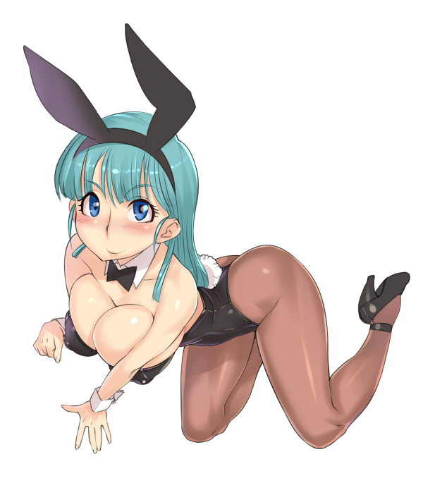 animal_ears aqua_hair blue_eyes breasts bulma bunny_ears cleavage dragon_ball dragon_ball_(classic) large_breasts leotard long_hair looking_at_viewer oohara_kyuutarou pantyhose simple_background smile solo thong_leotard white_background wrist_cuffs