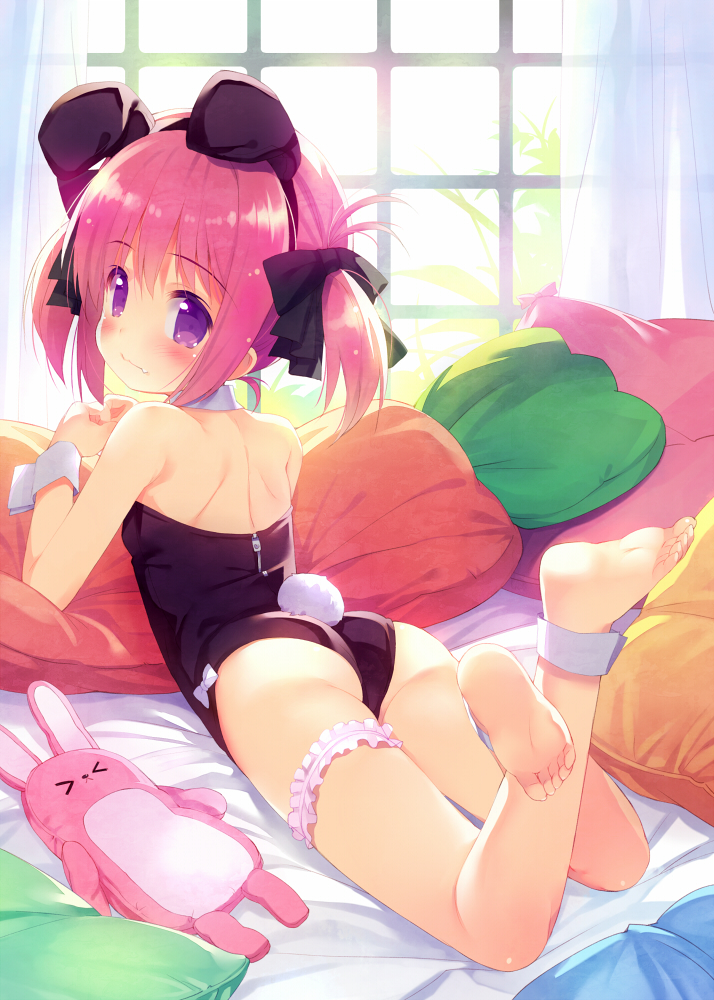animal_ears ankle_cuffs ass bare_legs bare_shoulders barefoot blush bow bunny_ears bunny_girl bunny_tail bunnysuit curtains detached_collar fake_animal_ears fang feet full_body hair_bow indoors leg_garter looking_at_viewer looking_back lying meito_(maze) on_stomach original pillow pink_hair purple_eyes short_hair soles solo stuffed_animal stuffed_bunny stuffed_toy tail toes twintails window wrist_cuffs zipper