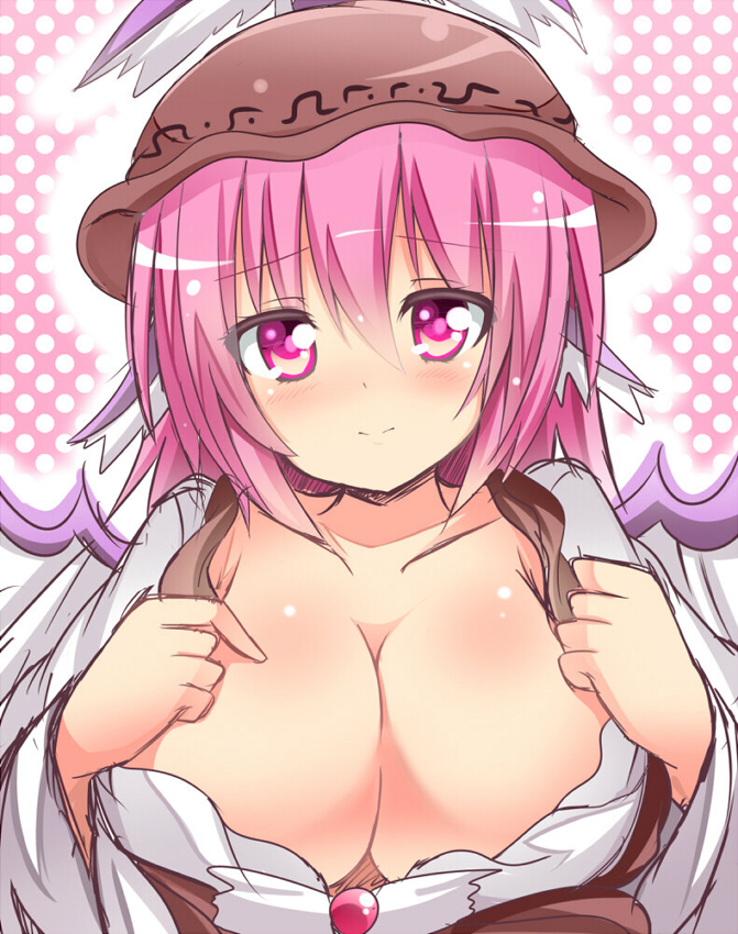 animal_ears bad_id bad_pixiv_id blush breasts cleavage hat huge_breasts mystia_lorelei no_bra open_clothes open_shirt pink_eyes pink_hair shinekalta shirt short_hair smile solo touhou upper_body wings