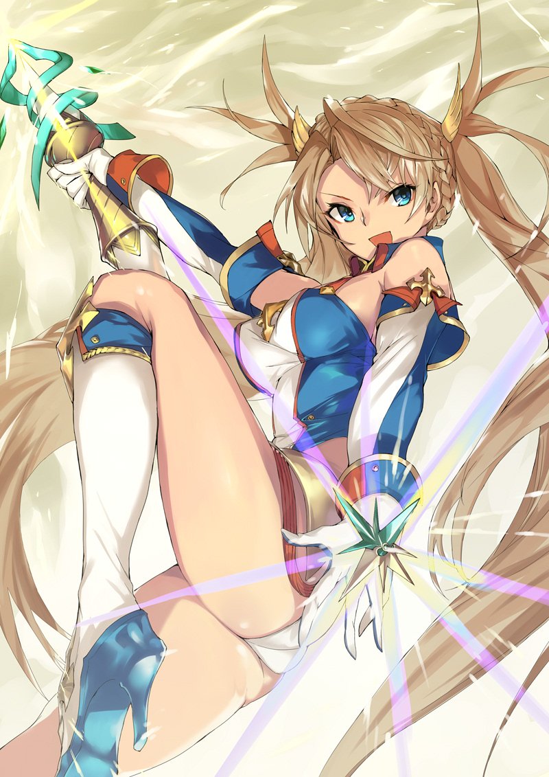 1girl ass bangs bare_shoulders blonde_hair blue_eyes boots bradamante_(fate/grand_order) braid breasts elbow_gloves fate/grand_order fate_(series) french_braid gloves hair_ribbon high_heel_boots high_heels knee_boots knee_up long_hair looking_at_viewer medium_breasts ohland open_mouth ribbon smile solo thighs twintails very_long_hair weapon