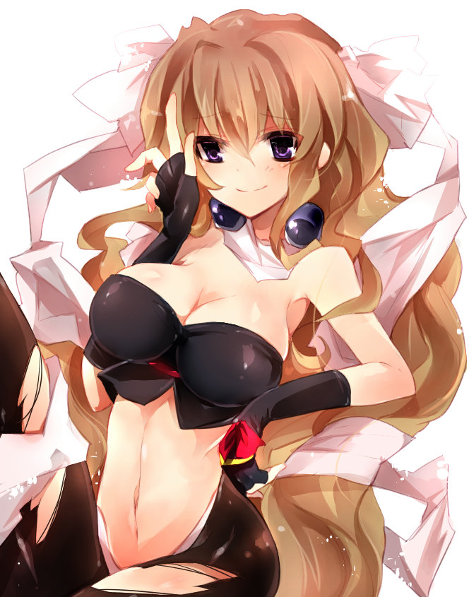 aoi_kimi black_gloves breasts brown_hair cleavage fingerless_gloves gloves hand_on_hip kyoukaisenjou_no_horizon large_breasts long_hair looking_at_viewer midriff navel purple_eyes smile solo torn_clothes tsuka_(raikousama)