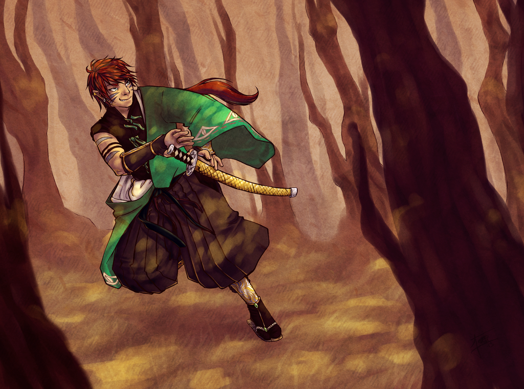 assan_(mirage_noir) background fight fighting japanese_clothes katana long_hair male male_focus mirage_noir red_hair running sword visual_novel weapon