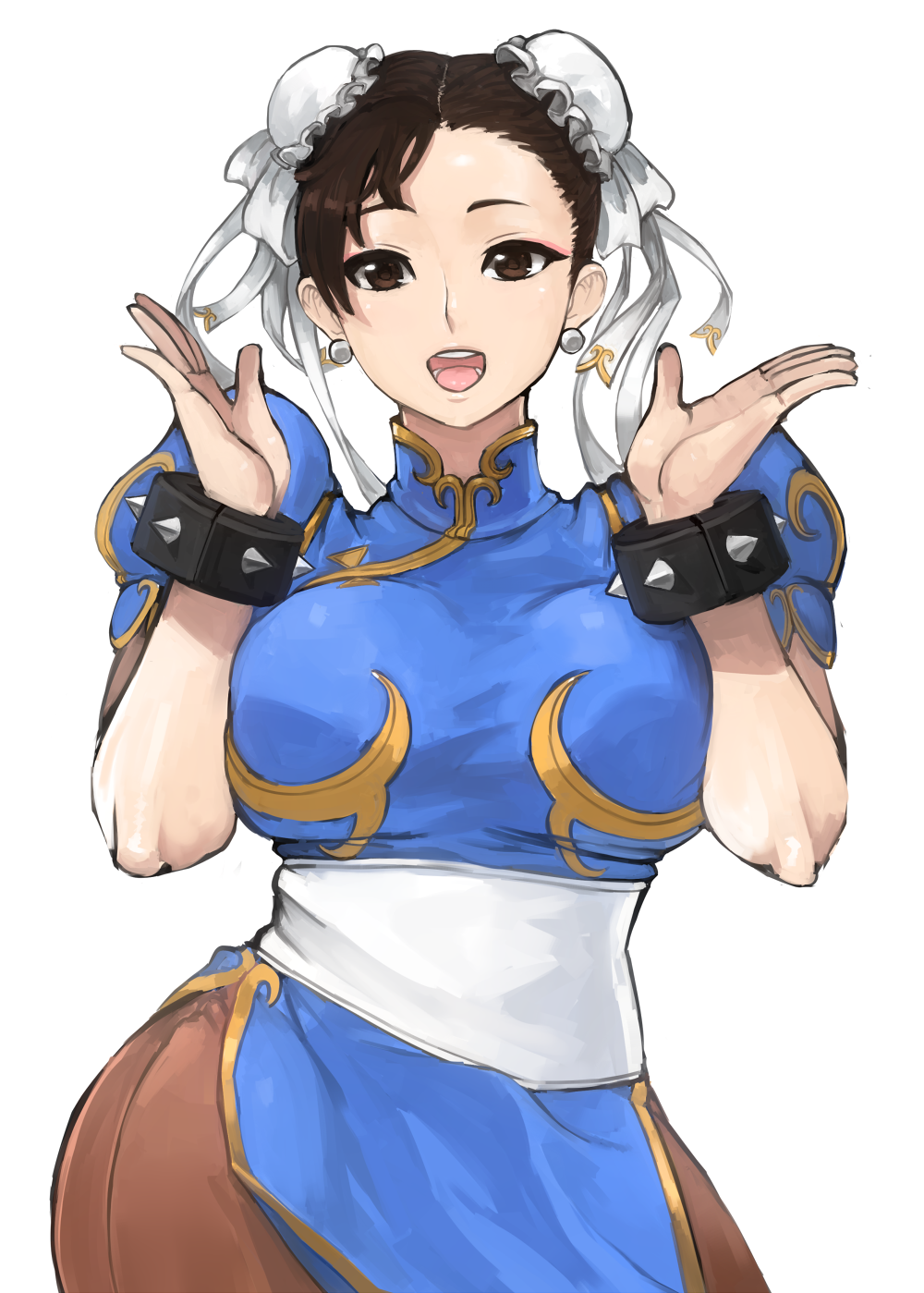bracelet breasts brown_eyes brown_hair bun_cover china_dress chinese_clothes chun-li curvy double_bun dress highres jewelry large_breasts madarame open_mouth pantyhose pelvic_curtain sash short_hair simple_background solo spiked_bracelet spikes street_fighter white_background