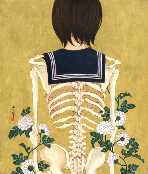 1girl bone brown_hair capelet creepy flower from_behind original plant ribs short_hair skeleton solo spine standing text yamamoto_takato