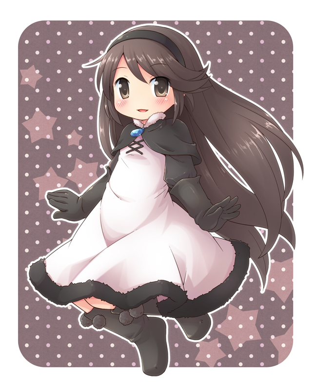 agnes_oblige bad_id bad_pixiv_id blush boots bravely_default:_flying_fairy bravely_default_(series) brown_eyes brown_hair capelet dress elbow_gloves flat_chest gloves hairband long_hair looking_at_viewer mizuno_mumomo open_mouth solo star very_long_hair