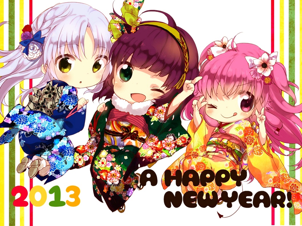 3girls ;d ;q aguri_(aguri0406-aoi) angel_beats! double_v green_eyes happy_new_year index_finger_raised long_hair multiple_girls new_year one_eye_closed open_mouth pink_eyes pink_hair purple_hair short_hair silver_hair smile tenshi_(angel_beats!) tongue tongue_out two_side_up v yellow_eyes yui_(angel_beats!) yuri_(angel_beats!)