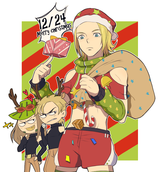 antlers blonde_hair blue_eyes christmas dated detached_sleeves diego_brando gift gyro_zeppeli hat johnny_joestar jojo_no_kimyou_na_bouken male_focus midriff morphin_e multiple_boys reindeer_antlers sack santa_costume santa_hat steel_ball_run